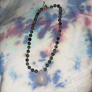 Handmade Green turquoise Beaded Necklace with Rose Quartz Pendant